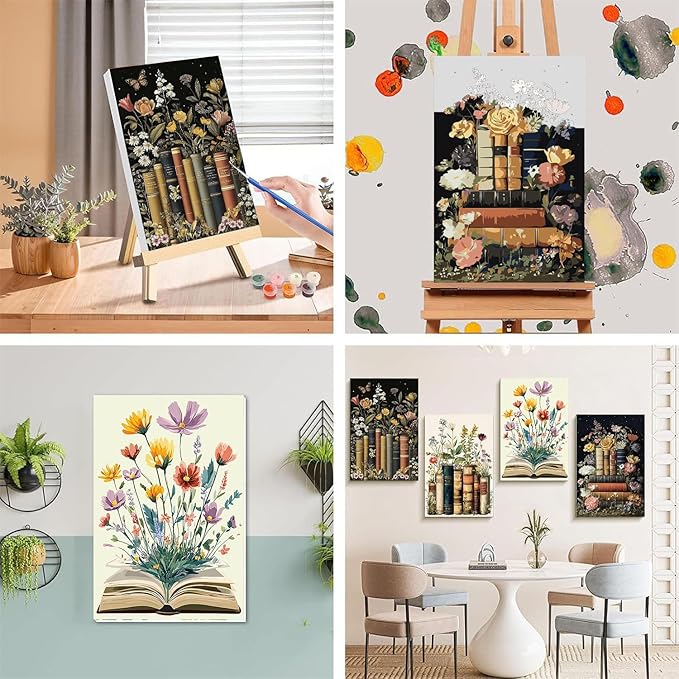 4 Pack Paint by Numbers for Adults with Framed Canvas - with Wooden Easel, Book Paint by Number for Beginners, Flowers Acrylic Oil Painting on Canvas with Brushes for Home Wall Decor (8x12 inch)