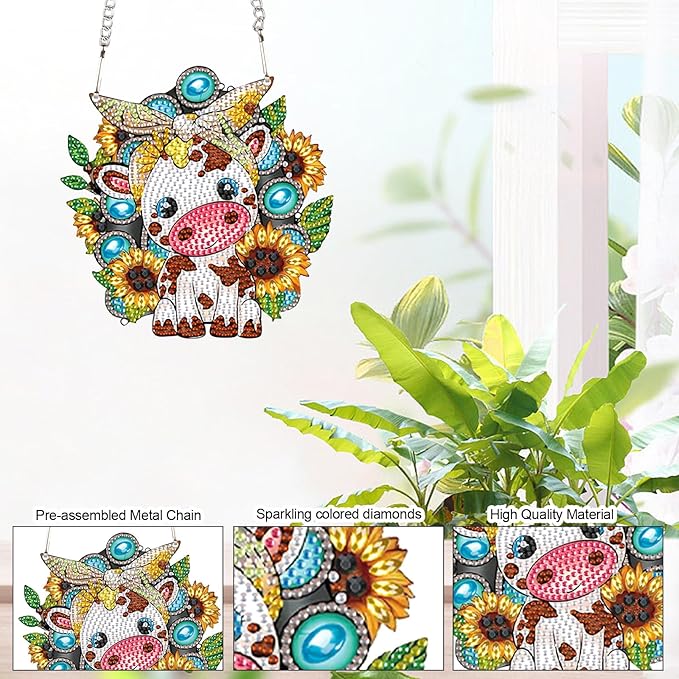 AiYuanzsh Sunflower Cow Diamond Painting Hanging Kit, DIY 5D Crystal Acrylic Pendant Ornament, Diamond Art Hanging for Adults, Window, Wall and Home Decoration, Handmade Cute Art Gift