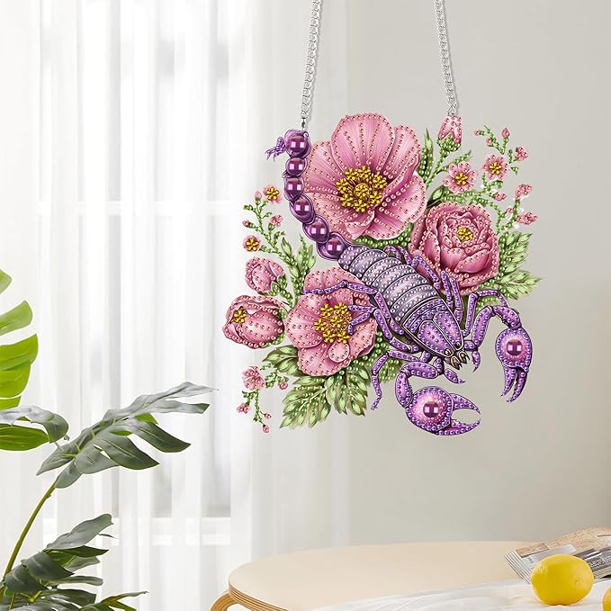 Reofrey Hanging Diamond Art Kits for Adults– 8x8Inch Scorpions Hanging Ornament Acrylic Board Double Sided Pattern Crystal Diamond Art Suncatcher Pendant, for Home Wall Window Decoration Handmade Gift