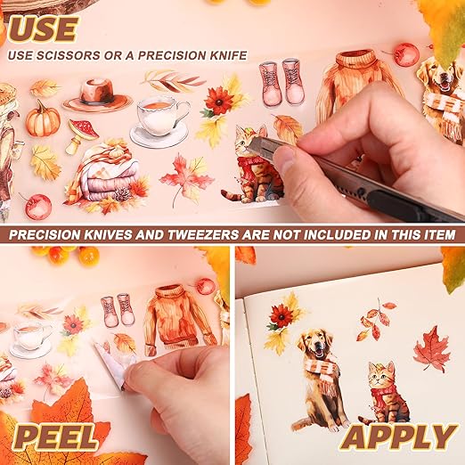 JarThenaAMCS 39.2 Ft Fall PET Washi Tape Autumn Orange Transparent Adhesive Masking Tape for Cut & Use as Thanksgiving People Stickers Scrapbook Journal DIY Crafts Wrapping,4 Rolls