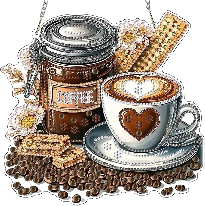 MXJSUA Coffee Special Shaped Hanging Diamond Painting Art Kits for Adults, Crystal Rhinestone Acrylic Gem Art Pendant Ornaments Kit for Home Decor and Gift 7.87 * 7.87 Inch