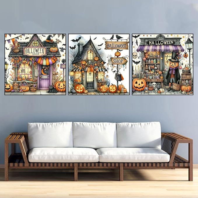 3 Pack Diamond Art Kits for Adults, Halloween Pumpkin Bat Shop Diamond Painting Kits for Adults, 5D DIY Round Full Drill Gem Art Paint With Diamonds Dots Crafts Kits for Home Decor Gift 14x14inch