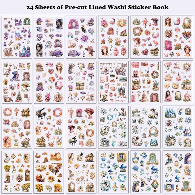 Aesthetic Washi Sticker Book,426pcs Scrapbook Stickers for Adults Pre-Cut Bullet Journal Stickers for Scrapbooking Supplies Vintage Ladies Flowers Sticker for Journaling Ephemera for Junk Journals