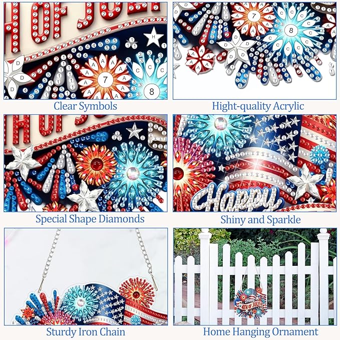 CEOVR Independence Day Hanging Diamond Art for Adults, 4th of July American Flag Diamond Painting Pendant DIY Gem Art Wall Hanging Ornament, Acrylic Home Garden Decor with Chain, Box Kit 7.79×7.3inch