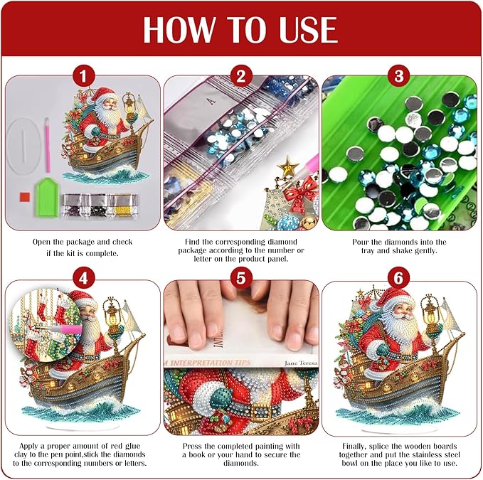 LAKEQUILL Christmas Diamond Painting Kits, Tabletop Ornament, Stand Up Diamond Art Desktop Kits for Home Office Decor, New Year Gift - Santa Claus & Boat