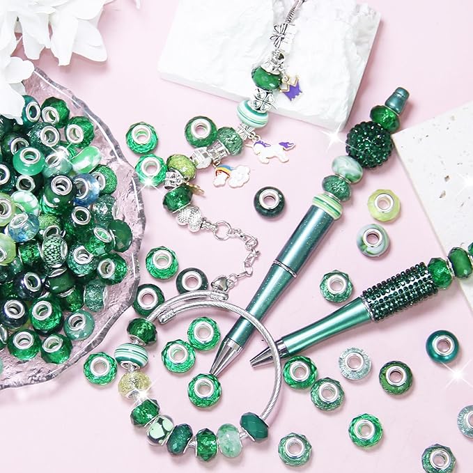 200Pcs Large Hole Beads Spacer Beads Dark Green Assorted European Craft Big Beads Large Hole Lampwork Murano Bead Fairy Wand Garden Bead for DIY Charm Bracelets Jewelry Making Decoration Supplies