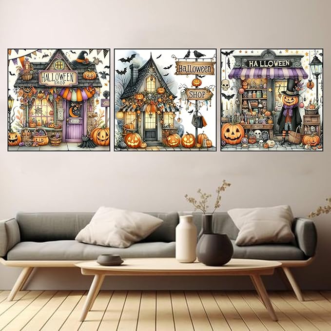 3 Pack Diamond Art Kits for Adults, Halloween Pumpkin Bat Shop Diamond Painting Kits for Adults, 5D DIY Round Full Drill Gem Art Paint With Diamonds Dots Crafts Kits for Home Decor Gift 14x14inch