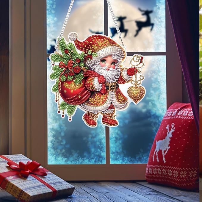 Bowetile Christmas Diamond Art Hanging Kits for Adults, Diamond Art Suncatchers Santa Claus, 5D Special Shape Diamond Painting Pendant Window Ornament Christmas Gifts for Home Door Wall Decor