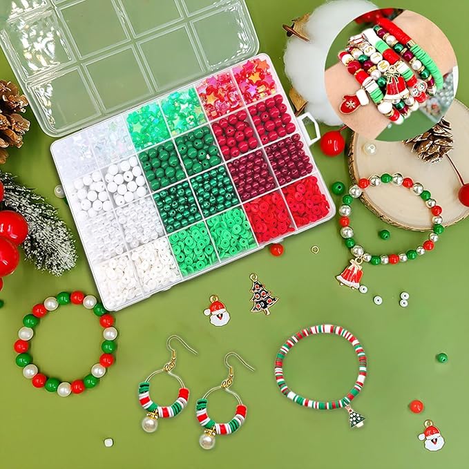 1938Pcs Christmas Beads for Jewelry Making, Red Green White Christmas Bracelet Making Kit Star Beads Polymer Clay Beads Heishi Beads 6mm Pearl Beads 8mm Acrylic Round Beads for Adult Craft Necklace