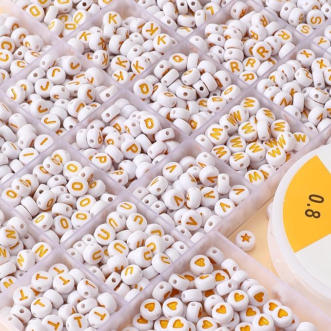 nikkiGuo 1250pcs 4x7mm White Round Acrylic Alphabet Beads A-Z Heart Beads with Numbers Crystal Line for Jewelry Bracelet, Necklace and Key Chains (Yellow White Colorful)