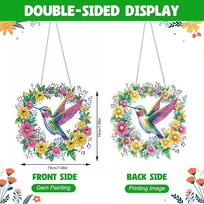 NAIMOER Diamond Art Hanging Kits for Adults Hummingbird Flower 5D Special Shaped Rhinestone, DIY Acrylic Diamond Art Painting Window Pendants Home Garden Wall Hanging Ornament Kits, Double Sided