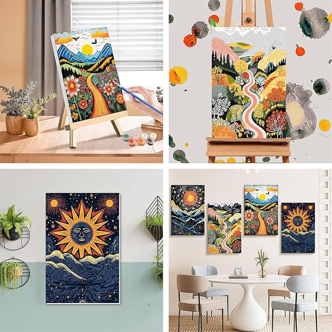 4 Pack Paint by Numbers for Adults with Framed Canvas - with Wooden Easel, Abstract Landscape Paint by Number on Canvas, Scenery Acrylic Oil Painting Kits with Brushes for Home Wall Decor (8x12 inch)