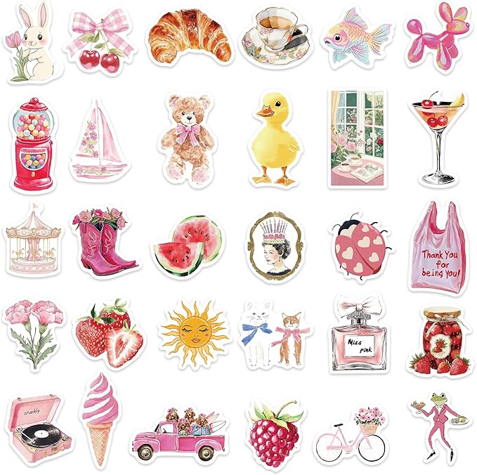 55 pcs vintage pink stickers, waterproof retro aesthetic stickers for water bottles,laptop scrapbook journaling decorative decals for adults