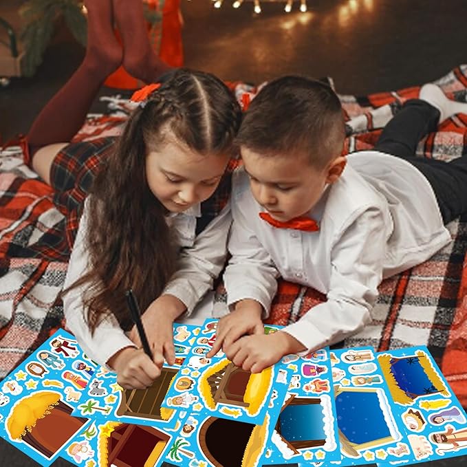 christmas nativity stickers for kids, make a nativity scene kit, jesus birth stickers, christmas crafts for kids, christian religious bible scene party favor home classroom activity