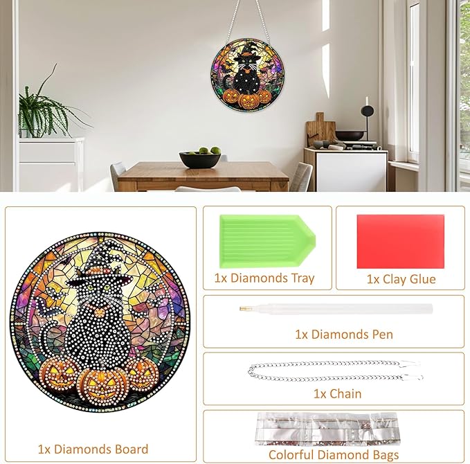 SENQAO Halloween Diamond Art Hanging Kits for Adults Beginners, DIY Acrylic 5D Special Shaped Crystal Diamond Gem Art Painting Hanging Ornament for Home Wall Decor and Gift（Black Cat Pumpkin Bat）