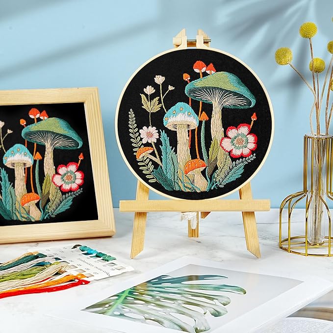 Mushroom Embroidery Kit for Beginners Adults, Stamped Hand Embroidery Kit, Embroidery Starter Kit with Floral and Mushroom Design, Cross Stitch Kits with Printed Embroidery Cloth and Embroidery Tools