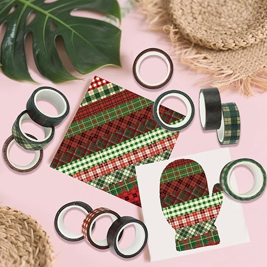 12 Rolls Basic Grid Washi Tape, Buffalo Plaid Red Black Green Holiday Masking Tapes, Plaid Decorative Tapes for Arts, DIY Crafts, Journals, Planners, Scrapbook, Wrapping 16.4FT