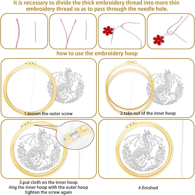 BEUNITONE 6 Sets Embroidery Kits for Beginners with Dragon and Flowers Patterns, DIY Craft Kits for Adults Include Embroidery Hoops and Instructions, Needlepoint Kits for Craft Lover and Home Decor