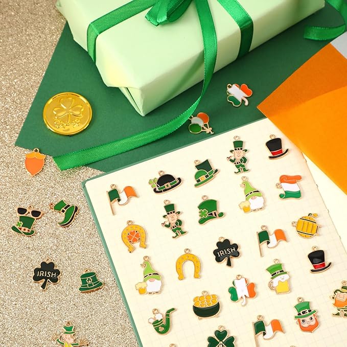 SANNIX 350pcs St. Patrick's Day Charms, Shamrock Charms for Jewelry Making - Green Hat Beer Gnome Irish Enamel Pendants for DIY Crafts Bracelets Necklaces Earrings Making Supplies