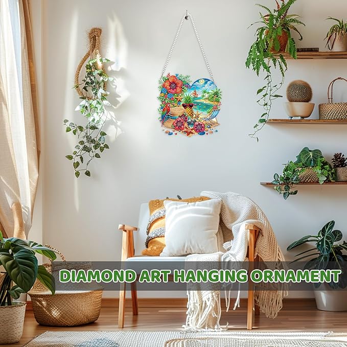 MEIYUDA Summer Diamond Art Hanging Kits for Adult, Summer Beach Diamond Painting Hanging Kits Ornaments, DIY Special Shaped Rhinestone Window Pendants Kit for Home Garden Wall Decor Gift