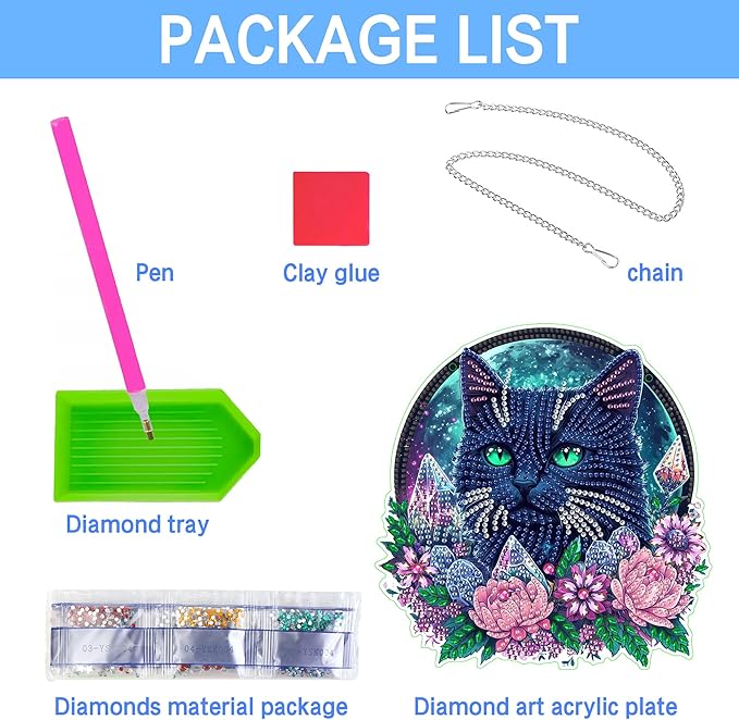 VAIIEYO Black cat Diamond Art Hanging Ornament, Animal Diamond Painting Suncatchers Window Hanging Kit with Chain, 7.5x7.5 inch Crystal Pendant Art Craft for Gift Home Wall Front Door Decoration