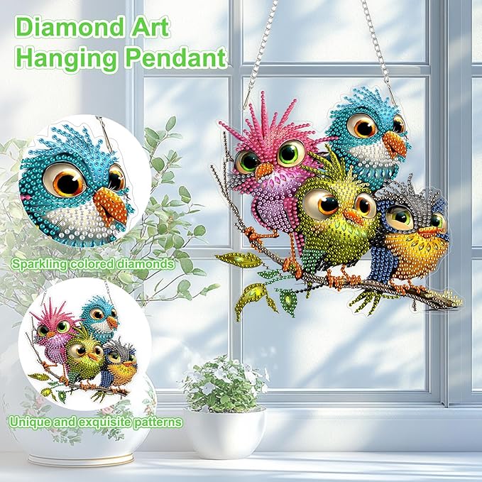 TOSTOG Diamond Art Hanging Kits for Adults, 5D Birds Diamond Painting for Adults Window Pendant, Special Shape Diamonds DIY Birds Diamond Painting Hanging Pendant Kit for Wall Decor Gift