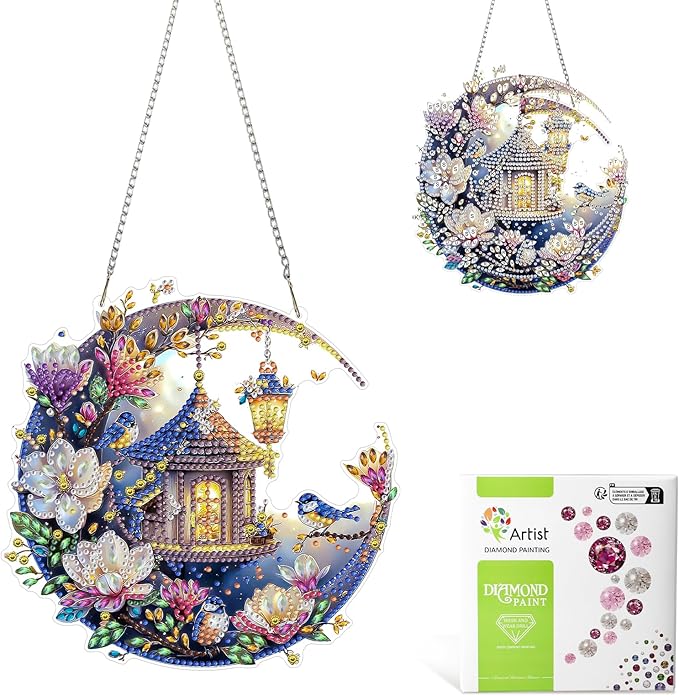 MAXBYE Diamond Art Painting Kits Hanging Flowers and Bird Pendant, DIY 5D Special Shaped House and Moon Gem Art Craft Diamond Dots for Adults and Home Window Door Decor