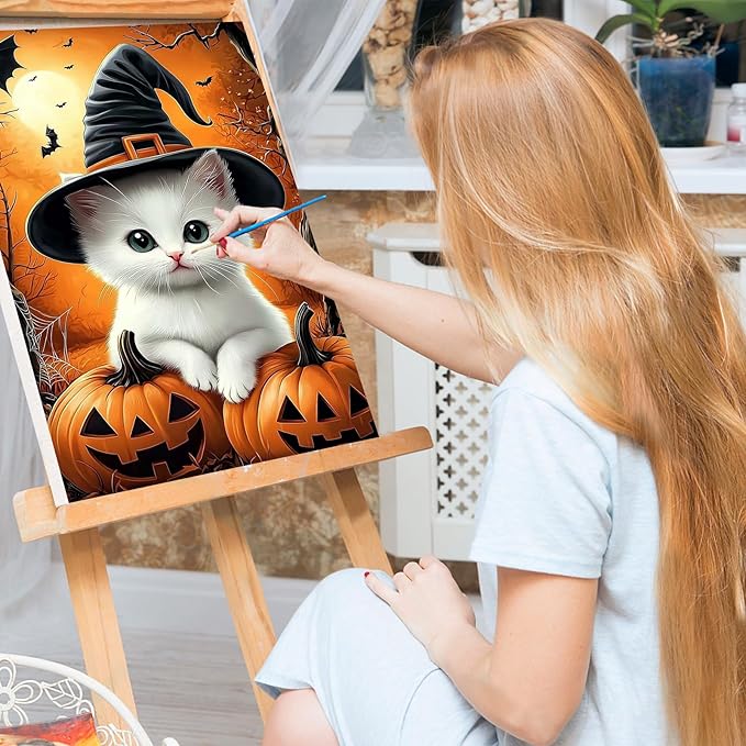 Bowetile Halloween Framed Paint by Numbers for Adults, Adults' Paint-by-Number Cat Kits on Canvas, Easy Acrylic Pumpkin Number Painting Crafts Kits Halloween Gifts for Home Decor, 8x12in