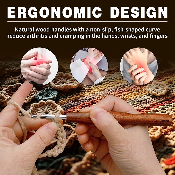 Nitlak 5 Pcs Crochet Hooks Set, 5 Size Crochet Hooks, Aluminum Ergonomic Crochet Hook with Wooden Handle for Arthritic Hands Knitting Sweaters, Blankets(1.5mm/2.5cm/3.5mm/4.5mm/5.5mm)