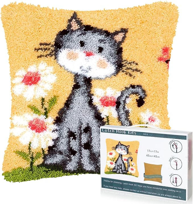 EsLuker.ly Yellow Cat Pattern Latch Hook Pillow Kits for Beginners, Animal Pre-Printed Canvas Yarn Pillow Hooking Kits, DIY Crochet Cushion Creative Craft, Ideal for Home Decor and Fun Crafting