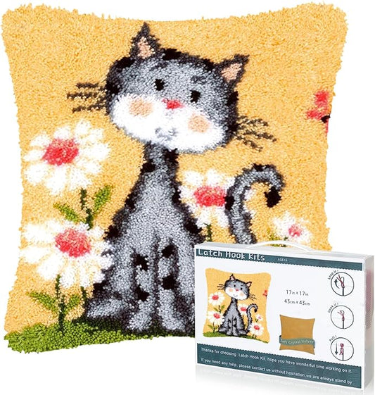 EsLuker.ly Yellow Cat Pattern Latch Hook Pillow Kits for Beginners, Animal Pre-Printed Canvas Yarn Pillow Hooking Kits, DIY Crochet Cushion Creative Craft, Ideal for Home Decor and Fun Crafting