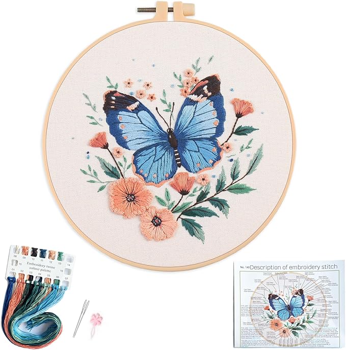 Silentsea Embroidery Kit, Floral and Nature Designs, 3-Pack with Hoops, Needlework Pattern Set (Butterfly)