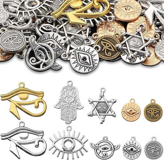 Hicarer 50 Pieces Eye of Horus Charms Pendant Tibetan Magic Metal Mixed Charm for DIY Craft Necklace Bracelet Jewelry Making Crafting Supplies