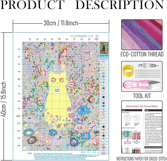 RLTXBUK Vintage Floral Black Cat Cross Stitch Kits, Cottagecore Colorful Wildflower Kitten Stamped Counted Cross Stitch Kits for Adults, Black Cat Mom Lovers Gifts, 11.8x15.8 Inch