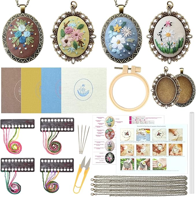 ZOCONE 4 Packs Embroidery Necklace Kits, Embroidery Pendant Kit Mini Cross Stitch Kit with 4 Hoops, Necklace, Pendant, Stamped Pattern Cloth, Instructions, etc., Embroidery Kits for Adults