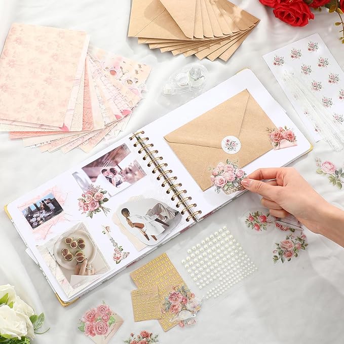 Wedding Guest Book Letters to The Bride Scrapbook Wedding Memory Book Bridal DIY Blank Paper Scrapbook Photo Album Guest Sign with Pearl Stickers(8.5 x 7 Inch,Rose Style,Pink)