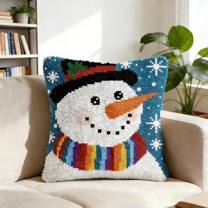 Cozykeke Snowman Latch Hook Kit,DIY Pillow Cover Cushion Craft Kits with Pre-Printed Canvas for Adults and Beginners, Suitable for Home Decor and Festival Gift 17 * 17in (BX53)