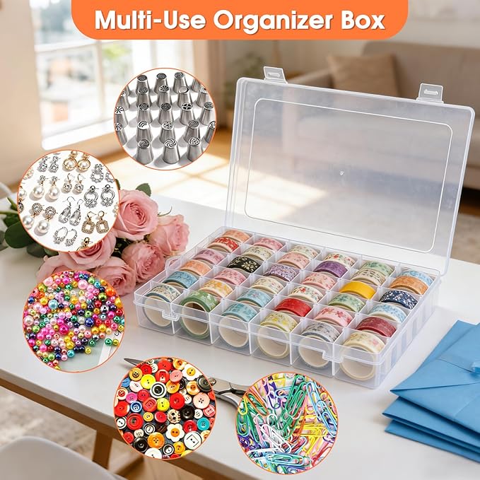 Washi Tape Organizer Box, 36 Grids Clear Plastic Box with Removable Dividers, Ideal for Washi Tape Storage and Carrying, Suitable for Storing Stationery, Jewelry, Beads, Art DIY Crafts, Art Supplies