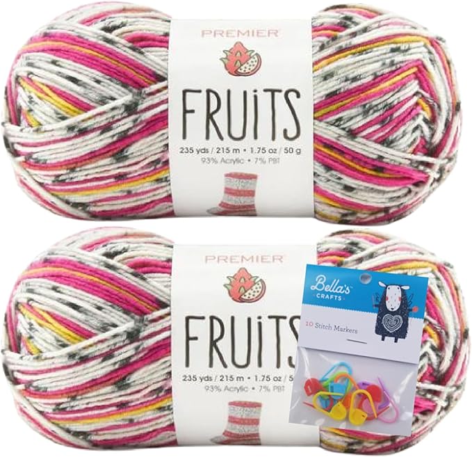Premier Yarns Fruits, Acrylic Sock Yarn, 2-Pack Bundled with Bella's Crafts Stitch Markers (Dragon Fruit)