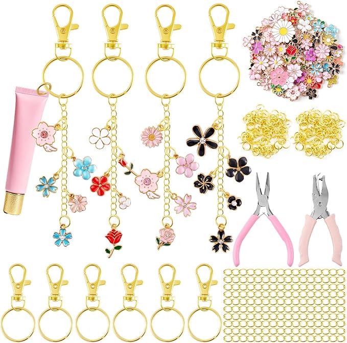 PYURTHITY 254 Pcs Flower Charms Lip Gloss Keychain Making Kit Include Colorful Floral Enamel Charms Keychain Clips Extender Chains Jump Ring Plier DIY Jewelry Crafts Gifts for Women Adults