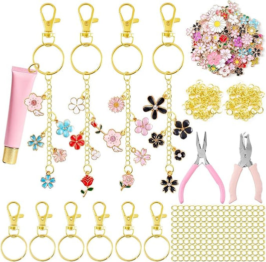 PYURTHITY 254 Pcs Flower Charms Lip Gloss Keychain Making Kit Include Colorful Floral Enamel Charms Keychain Clips Extender Chains Jump Ring Plier DIY Jewelry Crafts Gifts for Women Adults