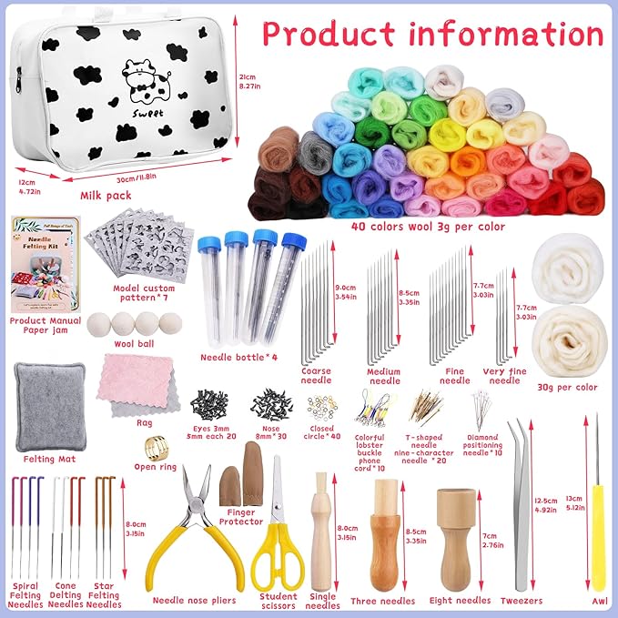 Mayboos Needle Felting Kit, 42 Colors Wool Roving Set, Needle Felting Kit with Felting Tool and Foam Mat Needle Felting Supplies for Home Decoration Felted