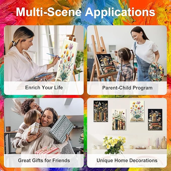 4 Pack Paint by Numbers for Adults with Framed Canvas - with Wooden Easel, Book Paint by Number for Beginners, Flowers Acrylic Oil Painting on Canvas with Brushes for Home Wall Decor (8x12 inch)