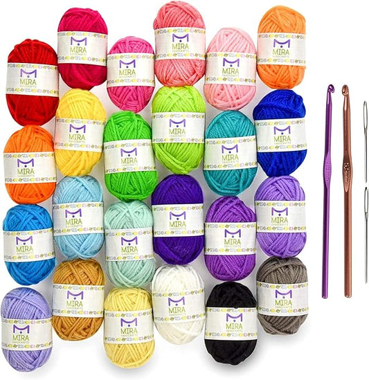mira handcrafts crochet and knitting starter kit for colorful arts and crafts - 24 yarn skeins with 525 yards of multicolored thread, 2 hooks, 2 weaving needles - make amigurumi, scarves, and throws