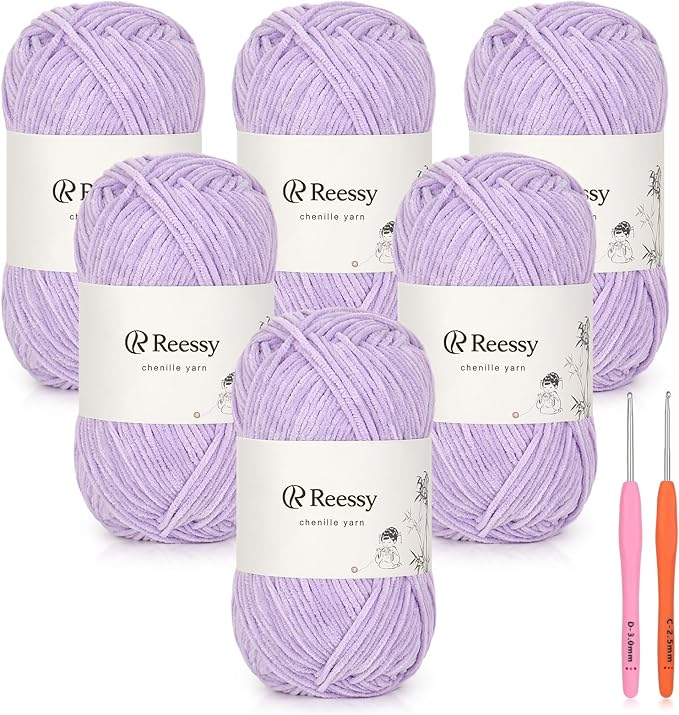 Skinny Chenille Yarn for Crocheting - 6 Pack of 50g/158yd (948yd Total) - Soft Matte Thin Chenille CYC #2 - Fine Weight Baby Yarn for Plush Toys, Baby Blankets & Small Crafts(Light Purple)