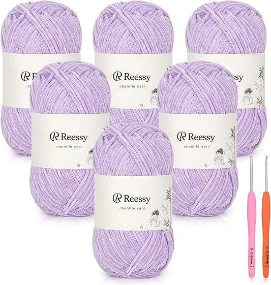 Skinny Chenille Yarn for Crocheting - 6 Pack of 50g/158yd (948yd Total) - Soft Matte Thin Chenille CYC #2 - Fine Weight Baby Yarn for Plush Toys, Baby Blankets & Small Crafts(Light Purple)