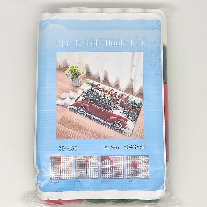 Howie's Latch Hook Kits for Adults, DIY Christmas Latch Hook Kit Rug Crochet Yarn, Color Preprinted Pattern Embroidery Decoration(Christmas Tree in The Car, 19.69 x 14.96 inch)