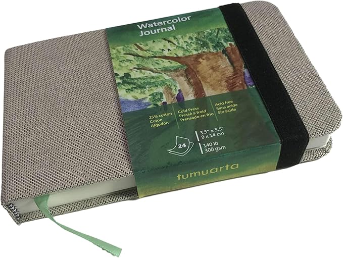 Watercolor Journal, 3.5x5.5”, 140 LB, 300 GSM, tumuarta Cotton Paper, Cold Press, 24 Sheets, 48 Pages, Watercolor Paper Sketchbooks for Use As Travel Notebook and Mixed Media Pad On The Go