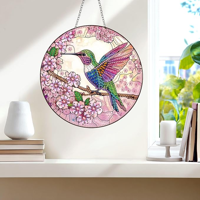 Wergund Hummingbird Diamond Art Hanging Kits, Hanging Diamond Art Animal, Acrylic Special Shaped Rhinestone, Window Hanging Pendants for Home Wall Garden Front Door Outdoor Decor Gift(Hummingbird)
