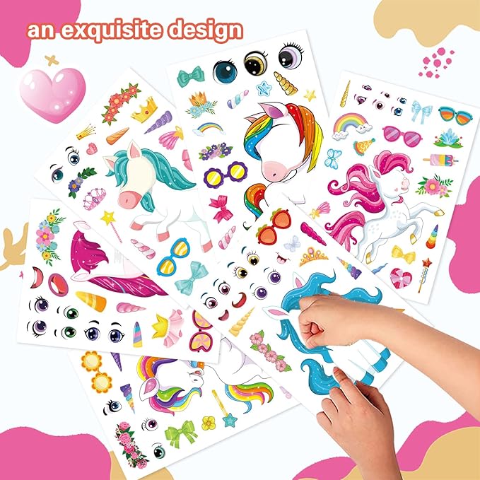 48 sheets make your own unicorns stickers for kids toddlers, make a fantasy face stickers for girls birthday party favors activities, valentines day gifts for kids classroom